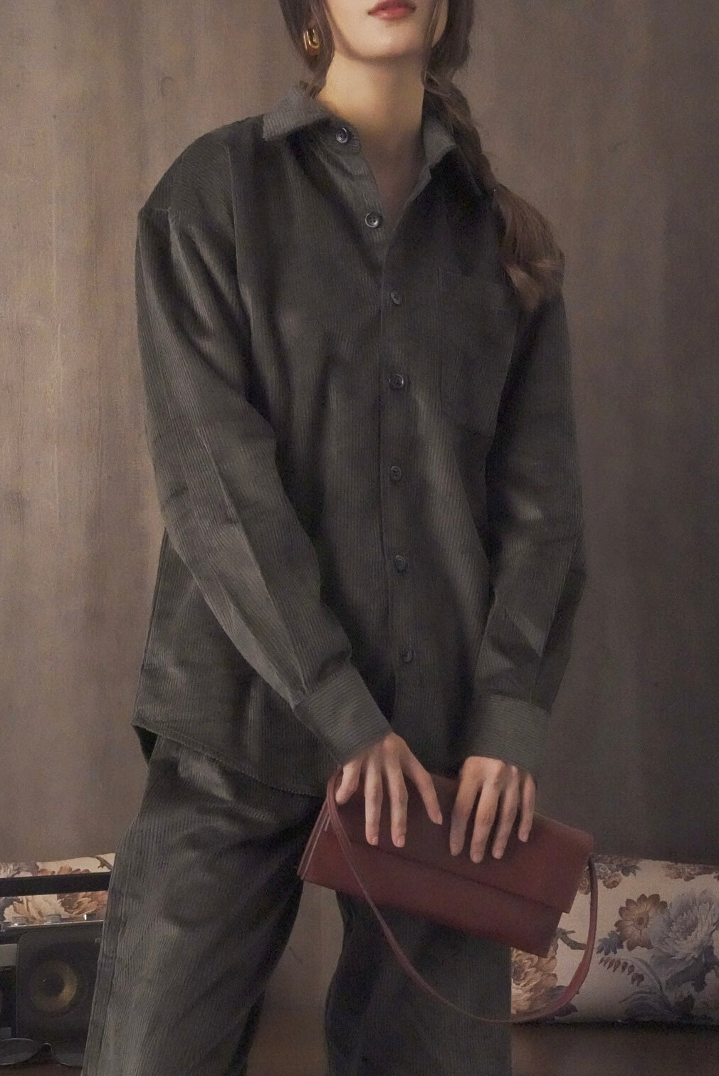 Corduroy Dark Green Women Shirt