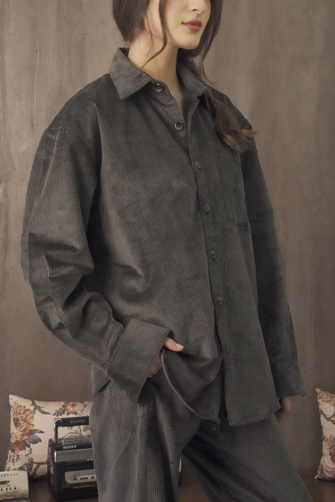 Corduroy Dark Green Women Shirt