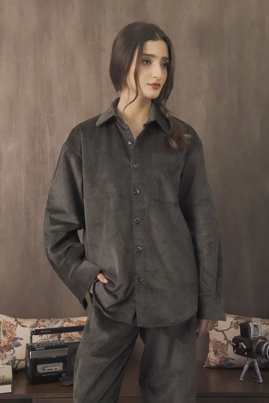 Corduroy Dark Green Women Shirt